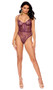Eyelash lace teddy features underwire cups, strappy accents, adjustable shoulder straps, high cut on the leg, cheeky back and hook and eye back closure.