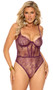 Eyelash lace teddy features underwire cups, strappy accents, adjustable shoulder straps, high cut on the leg, cheeky back and hook and eye back closure.