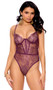 Eyelash lace teddy features underwire cups, strappy accents, adjustable shoulder straps, high cut on the leg, cheeky back and hook and eye back closure.