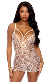 Floral print lace babydoll features strappy underwire demi cups, criss cross detail over a plunging neckline, satin bow accent, adjustable shoulder straps, and keyhole back hook and eye closure. Matching G-string also included. Two piece set.