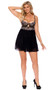 Scalloped lace babydoll features underwire cups, keyhole front, layered mesh skirt, adjustable shoulder straps, open back and cage style back with hook and eye closure. Matching G-String also included. Two piece set.