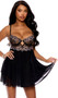Scalloped lace babydoll features underwire cups, keyhole front, layered mesh skirt, adjustable shoulder straps, open back and cage style back with hook and eye closure. Matching G-String also included. Two piece set.