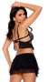 Scalloped lace cami top features underwire cups, keyhole front, mesh ruffle trim, adjustable shoulder straps and cage style back with hook and eye closure. Matching mesh layered mini skirt also included. Two piece set. 