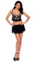 Scalloped lace cami top features underwire cups, keyhole front, mesh ruffle trim, adjustable shoulder straps and cage style back with hook and eye closure. Matching mesh layered mini skirt also included. Two piece set. 