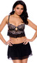 Scalloped lace cami top features underwire cups, keyhole front, mesh ruffle trim, adjustable shoulder straps and cage style back with hook and eye closure. Matching mesh layered mini skirt also included. Two piece set. 