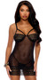 Sheer mesh and crochet lace babydoll features strappy underwire demi cups, adjustable shoulder straps, large keyhole back hook and eye closure and lace up skirt portion. Matching G-string also included. Two piece set.