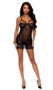 Sheer mesh and crochet lace babydoll features strappy underwire demi cups, adjustable shoulder straps, large keyhole back hook and eye closure and lace up skirt portion. Matching G-string also included. Two piece set.