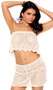 Crochet tube top features elastic top and scalloped bottom hemline. Matching mini skirt with drawstring elastic waistband also included. Two piece set.
