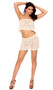 Crochet tube top features elastic top and scalloped bottom hemline. Matching mini skirt with drawstring elastic waistband also included. Two piece set.