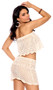 Crochet tube top features elastic top and scalloped bottom hemline. Matching mini skirt with drawstring elastic waistband also included. Two piece set.