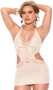 Crochet mini dress features cut out sides, halter neck and tie back closure.