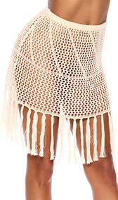 Crochet pull on mini skirt features long fringe trim.