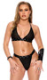 Fishnet bra top features vinyl trim, nail head stud accents on front side, halter neck and clasp back. Matching G-string with elastic back also included. Two piece set.