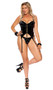 Vinyl bustier features underwire cups, lace up front, studded nail head trim, attached adjustable garters, adjustable buckle shoulder straps and back zipper closure. Matching G-string with elastic back also included. Two piece set.