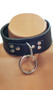 Leather choker with O ring and D ring tab. Back has adjustable buckle closure.