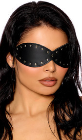 Studded leather blindfold with adjustable elastic strap. Inside is padded and lined with soft fleece for comfort, also studded on back side.