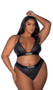Playboy bralette features rhinestone spandex cups, logo elastic, wide adjustable shoulder straps and swan hook back closure. Matching high waist thong with cotton gusset also included. Two piece set.
