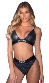 Playboy bralette features rhinestone spandex cups, logo elastic, wide adjustable shoulder straps and swan hook back closure. Matching high waist thong with cotton gusset also included. Two piece set.