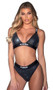 Playboy bralette features rhinestone spandex cups, logo elastic, wide adjustable shoulder straps and swan hook back closure. Matching high waist thong with cotton gusset also included. Two piece set.