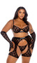 Sheer mesh bra features flocked Playboy bunny logo, underwire demi cups, satin binding, logo printed elastic, adjustable shoulder straps and cage style back with hook and eye closure. Matching short chaps feature elastic waist and swan hook back closure. Matching thong with cotton gusset also included. Three piece set.