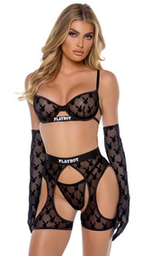 Sheer mesh bra features flocked Playboy bunny logo, underwire demi cups, satin binding, logo printed elastic, adjustable shoulder straps and cage style back with hook and eye closure. Matching short chaps feature elastic waist and swan hook back closure. Matching thong with cotton gusset also included. Three piece set.