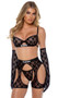 Sheer mesh bra features flocked Playboy bunny logo, underwire demi cups, satin binding, logo printed elastic, adjustable shoulder straps and cage style back with hook and eye closure. Matching short chaps feature elastic waist and swan hook back closure. Matching thong with cotton gusset also included. Three piece set.