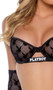 Sheer mesh bra features flocked Playboy bunny logo, underwire demi cups, satin binding, logo printed elastic, adjustable shoulder straps and cage style back with hook and eye closure. Matching short chaps feature elastic waist and swan hook back closure. Matching thong with cotton gusset also included. Three piece set.