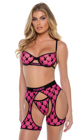 Sheer mesh bra features flocked Playboy bunny logo, underwire cups, satin binding, logo printed elastic, adjustable shoulder straps and cage style back with hook and eye closure. Matching chaps feature elastic waist and swan hook back closure. Matching thong with cotton gusset also included. Three piece set.
