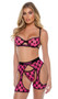 Sheer mesh bra features flocked Playboy bunny logo, underwire cups, satin binding, logo printed elastic, adjustable shoulder straps and cage style back with hook and eye closure. Matching chaps feature elastic waist and swan hook back closure. Matching thong with cotton gusset also included. Three piece set.