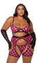 Sheer mesh bra features flocked Playboy bunny logo, underwire cups, satin binding, logo printed elastic, adjustable shoulder straps and cage style back with hook and eye closure. Matching chaps feature elastic waist and swan hook back closure. Matching thong with cotton gusset also included. Three piece set.