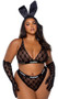 Sheer mesh bralette features flocked Playboy bunny logo, satin binding, plunge neckline, logo printed elastic, adjustable shoulder straps and hook and eye back closure. Matching high waisted panty features cotton gusset and thong back. Two piece set.