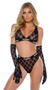 Sheer mesh bralette features flocked Playboy bunny logo, satin binding, plunge neckline, logo printed elastic, adjustable shoulder straps and hook and eye back closure. Matching high waisted panty features cotton gusset and thong back. Two piece set.
