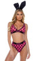 Sheer mesh bralette features flocked Playboy bunny logo, satin binding, plunge neckline, logo printed elastic, adjustable shoulder straps and hook and eye back closure. Matching high waisted panty features cotton gusset and thong back. Two piece set.