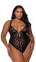 Sheer mesh teddy features flocked Playboy bunny logo print, plunge cups with silver logo charm hardware, satin trim, front zipper detail, adjustable wide shoulder straps, cage style back with hook and eye closure, high cut on the leg and thong cut back with cotton gusset.