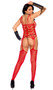 Suspender net bodystocking features heart design, multiple spaghetti shoulder straps, U shaped neck, and fishnet legs with heart pattern.