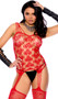 Suspender net bodystocking features heart design, multiple spaghetti shoulder straps, U shaped neck, and fishnet legs with heart pattern.