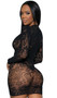 Floral lace net mini dress features long sleeves, deep V neckline and scalloped trim.