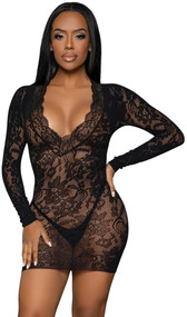 Floral lace net mini dress features long sleeves, deep V neckline and scalloped trim.