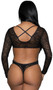 Semi sheer leopard print teddy features long sleeves, round neckline, criss cross back detail, open back and thong cut.