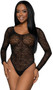 Semi sheer leopard print teddy features long sleeves, round neckline, criss cross back detail, open back and thong cut.