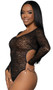 Semi sheer leopard print teddy features long sleeves, round neckline, criss cross back detail, open back and thong cut.