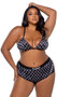 Satin bralette features Playboy bunny logo diamond screen print, triangle cups with plunge neckline, adjustable shoulder straps and swan hook back closure. Matching mini shorts features Playboy logo elastic and side slit openings. Two piece set.