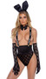 Playboy topless tux suit includes adjustable elastic suspenders with contrast Playboy logo print, metal clips and Y back. Pleated satin cummerbund with hook and eye back closure and matching bunny ears also included. Sheer mesh panty features flocked Playboy bunny logo design, satin trim, cotton gusset and thong cut back. Four piece set.