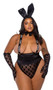 Playboy topless tux suit includes adjustable elastic suspenders with contrast Playboy logo print, metal clips and Y back. Pleated satin cummerbund with hook and eye back closure and matching bunny ears also included. Sheer mesh panty features flocked Playboy bunny logo design, satin trim, cotton gusset and thong cut back. Four piece set.