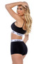Jersey knit sporty lounge bralette features a scoop neckline, contrast Playboy logo elastic, and spaghetti straps. Matching high waisted shorts with lined crotch also included. Two piece set.