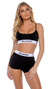 Jersey knit sporty lounge bralette features a scoop neckline, contrast Playboy logo elastic, and spaghetti straps. Matching high waisted shorts with lined crotch also included. Two piece set.