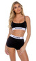 Jersey knit sporty lounge bralette features a scoop neckline, contrast Playboy logo elastic, and spaghetti straps. Matching high waisted shorts with lined crotch also included. Two piece set.
