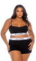 Jersey knit sporty lounge bralette features a scoop neckline, contrast Playboy logo elastic, and spaghetti straps. Matching high waisted shorts with lined crotch also included. Two piece set.