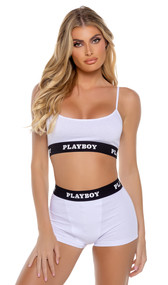Jersey knit sporty lounge bralette features a scoop neckline, contrast Playboy logo elastic, and spaghetti straps. Matching high waisted shorts with lined crotch also included. Two piece set.