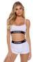Jersey knit sporty lounge bralette features a scoop neckline, contrast Playboy logo elastic, and spaghetti straps. Matching high waisted shorts with lined crotch also included. Two piece set.